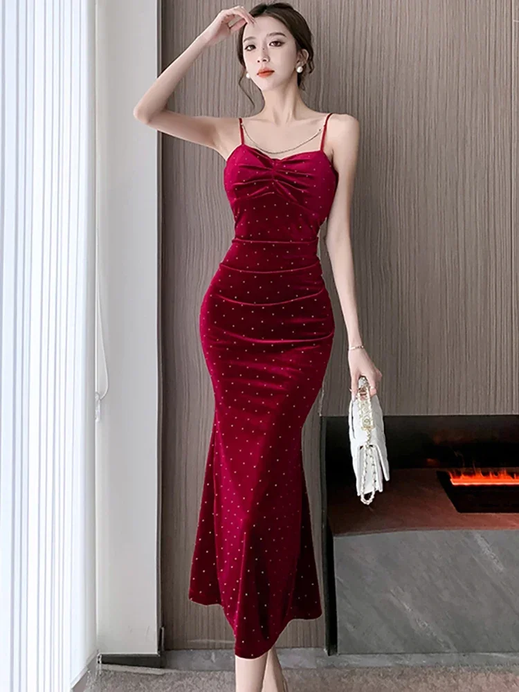 

Women Red Diamonds Polka Dot Velvet Pleated Sling Long Dress 2024 Elegant Dresses for Special Events Autumn Winter Bodycon Dress