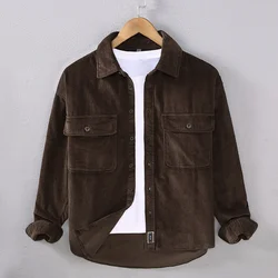 Japanese Retro Casual Loose Long Sleeve Corduroy Shirt For Men Harajuku Work Styles Double Pocket Lapel Shirt Top Male Clothing