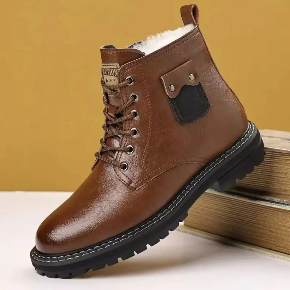 

Men's Winter New Leather High Top Cotton Boots Thick Sole Non Slip Round Toe Lace Up Waterproof Plush Warm Work Boots Snow Boots