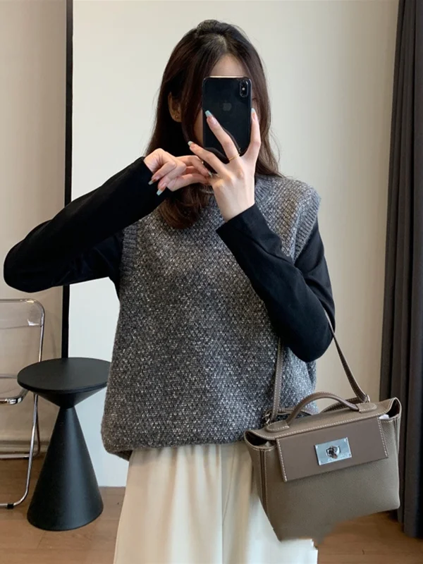 

ay Knitted Vest Women's Autumn Winter New round Ne Svel Inner Wear Korean Sle Sweater ell Loose Fit Turtlene