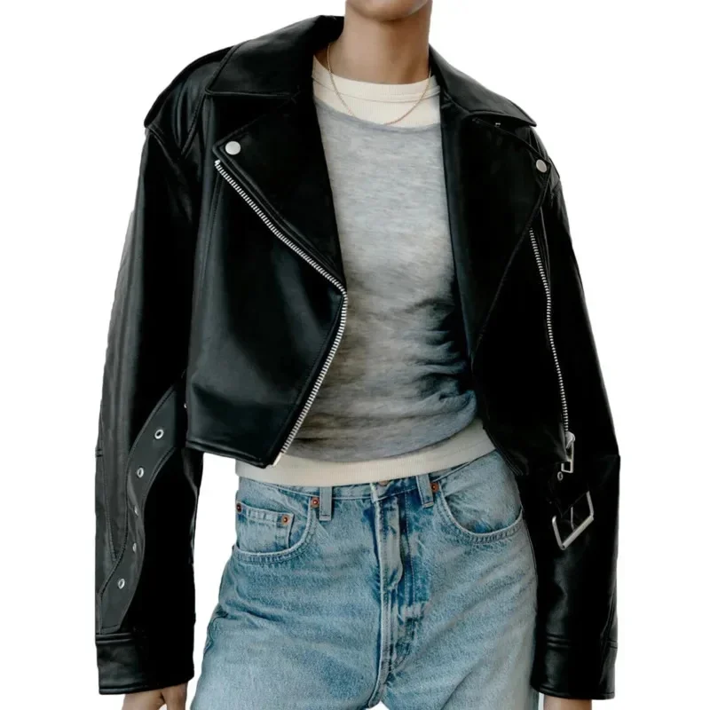 Casual Women Faux PU Leather Jacket With Belt 2024 New Lady Lapel Zipper Short Leather Jacket Trendy High Street Motorcycle Coat