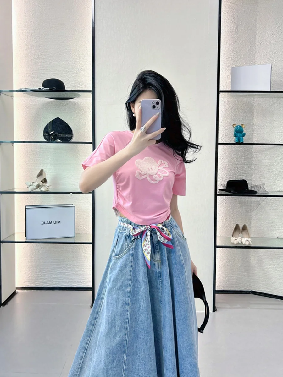 

Ele ort Sve round Ne T-irt Women's Faion Embroidery Pleated Pink Summer New Sle Commute Lady Pure Color Thin