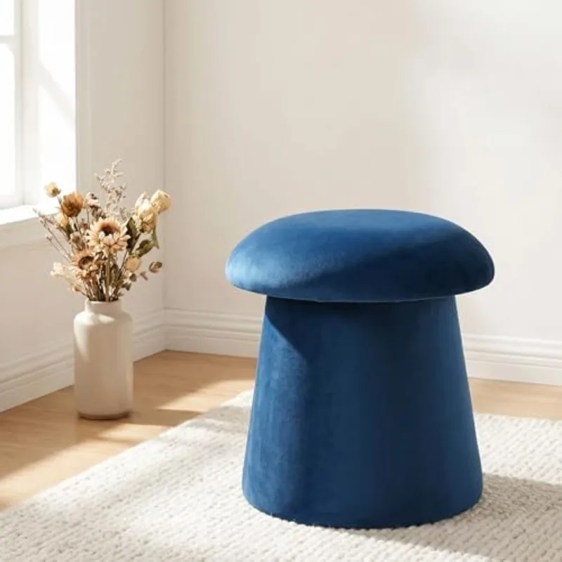 20'' Mushroom Storage Ottoman, Blue | Velvet Fabric, Foot Rest for Living Room, Vanity Stool for Bedroom, Extra Seating