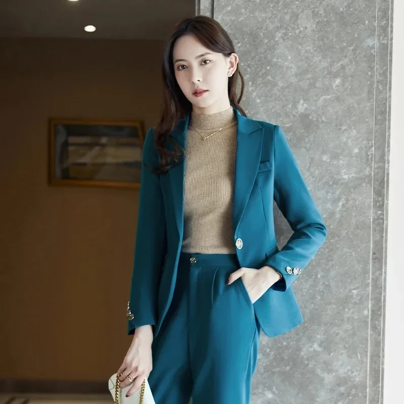 

Insozkdg Vintage Leisure Blazer Straight Pants Two-piece Set Commuter Solid Long Sleeves Coat Trousers Women Suits Office Sets