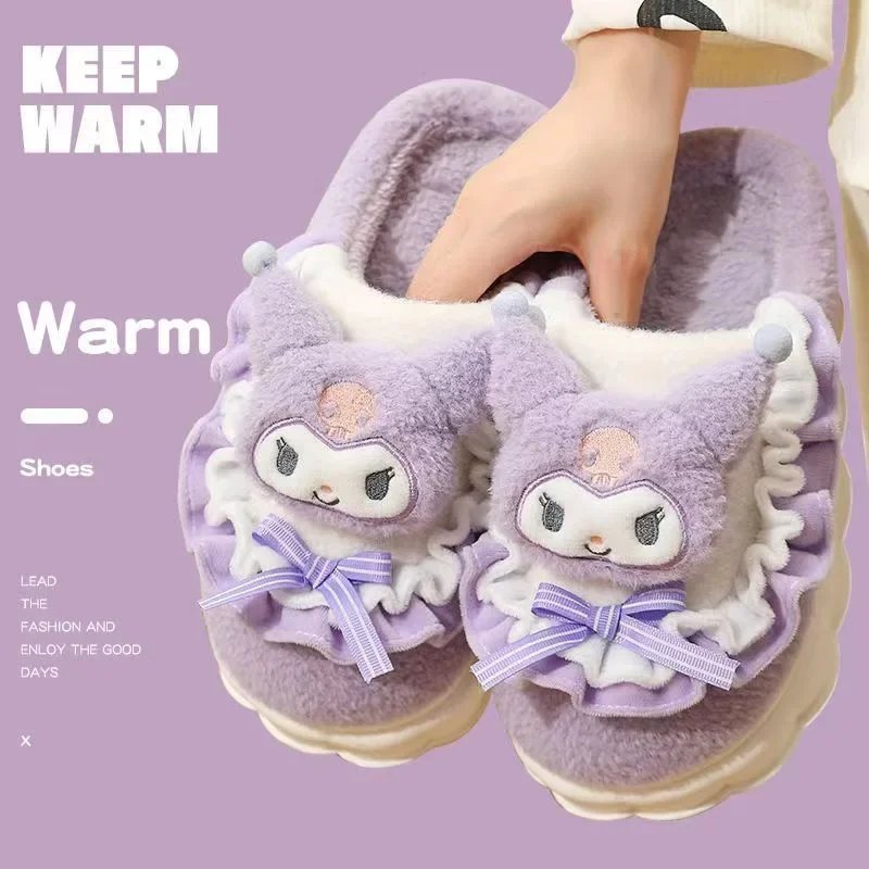 Sanrio Cartoon Hello Kitty Slippers My Melody Kuromi Cinnamoroll Cotton Shoes Women Winter Warm Thickened Cotton Kawaii Shoes