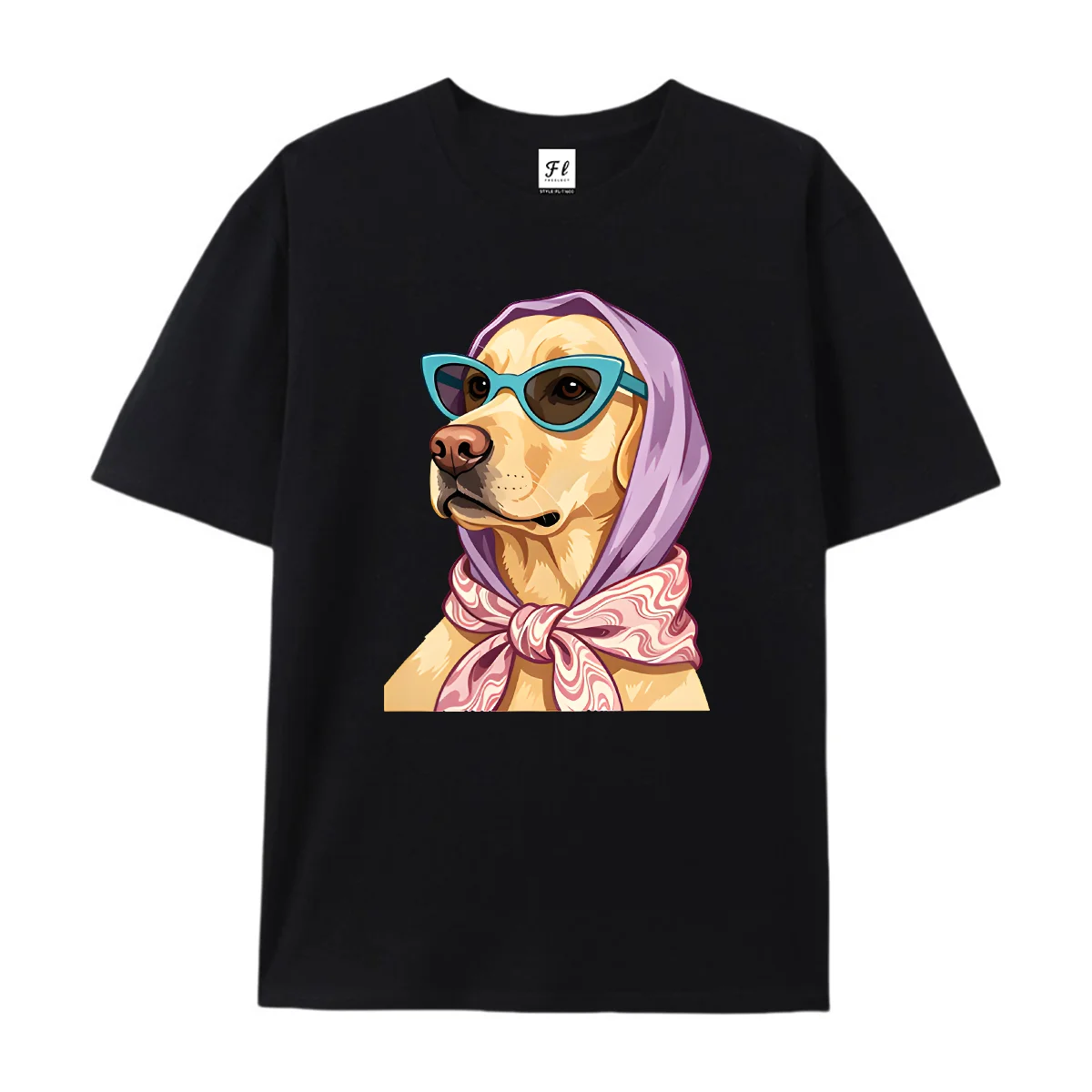 Unisex Short Sleeve T Shirt Stylish Labrador Dog With Sunglasses Headscarf Print Casual Cotton Tees For Men Women Pet Lover