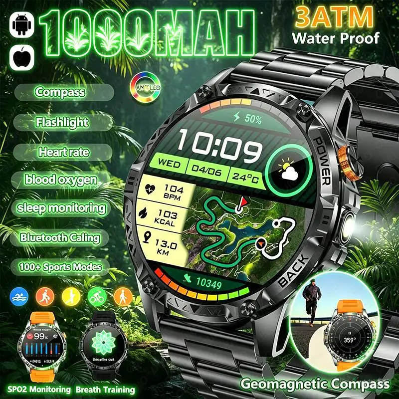 

2026 1000mAh Large Battery Sports Smart Compass Watch 100+ Sports Mode Sleep Monitoring Heart Rate Bluetooth Call Smart Watch