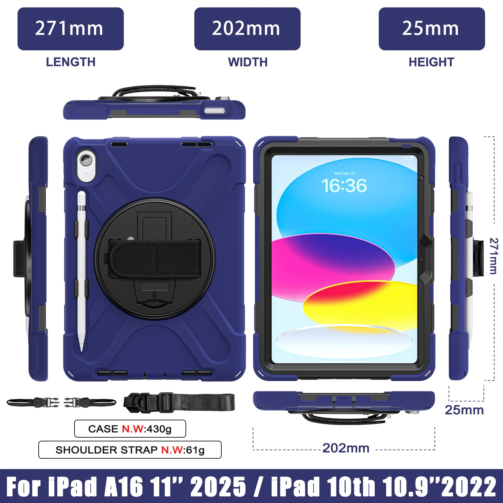 

360 degree rotate stand Cover For iPad 2025 11th Gen 11" 10th 2022 10.9" Tablet Case With Foldable Bracket with shoulder strap