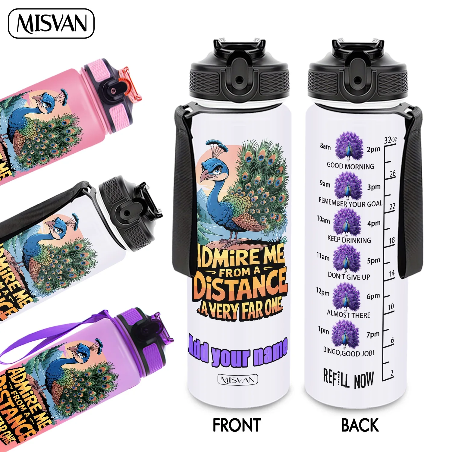 

1Pc,customization Name 32oz Water Bottle,Peacock Pattern Time Scale Print,Encourage Daily Hydration,for Gym Outdoor Cycling