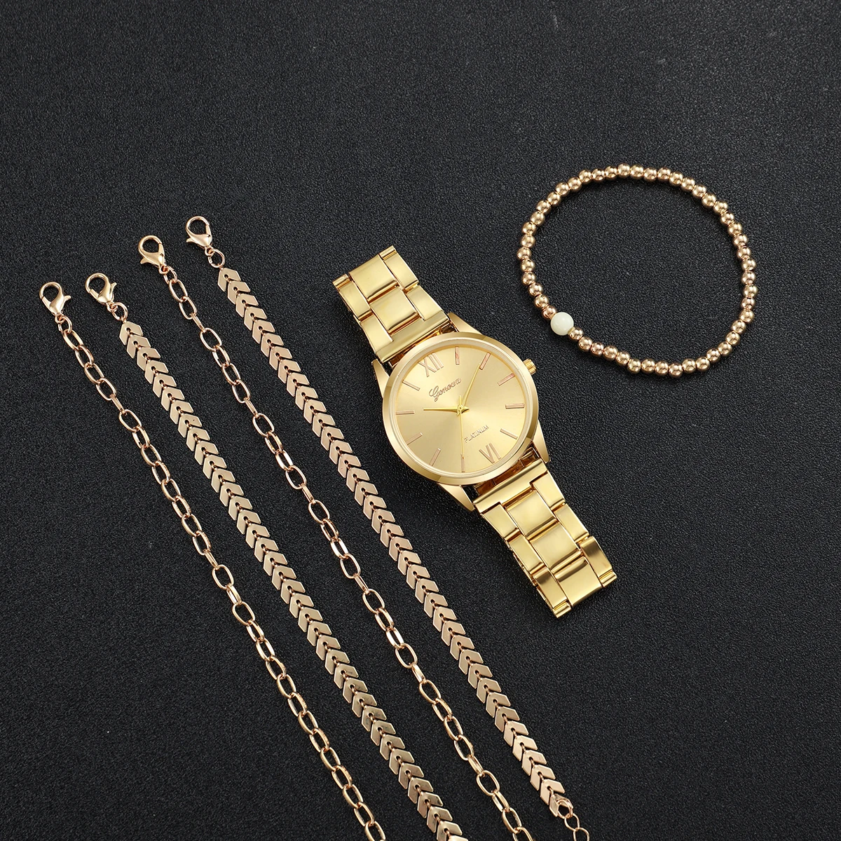 6PCS Women\'s Watch Fashion Gold Steel Band Quartz Watches Bracelets Set（Without Box）