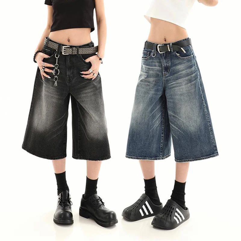 

Y2k Vintage Black Jean Shorts Womens Washed Casual Barrel Jeans Wide Leg Pants Female Denim Shorts Capri Pants Streetwear