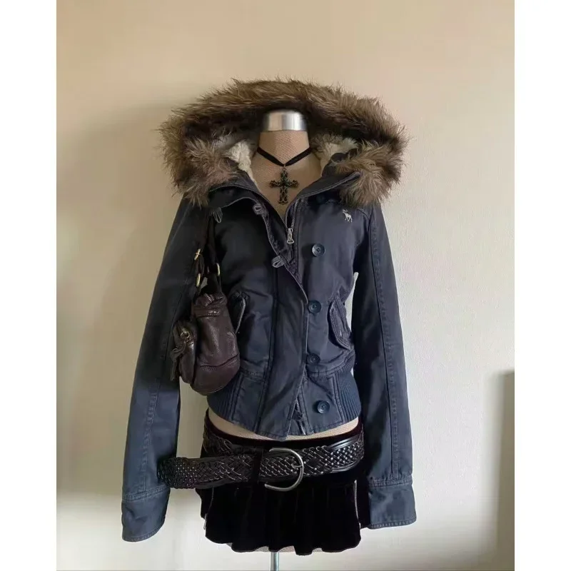 Brown Cotton Fur Trim Jackets Chic Long Sleeve Hooded Snap Pocket Cropped Warm Coats 2026 Women  Winter Daily Street Party Coat