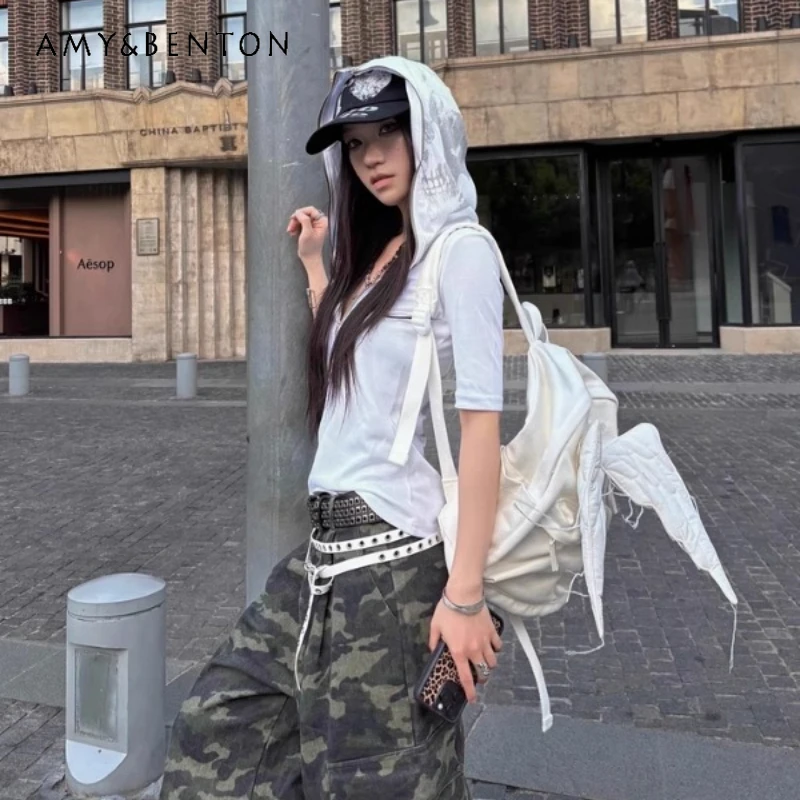 

Japanese Original Design White Letter Print Short Sleeve Women's Hoodies Summer New Subculture Punk Slimming Sports Top Ladies