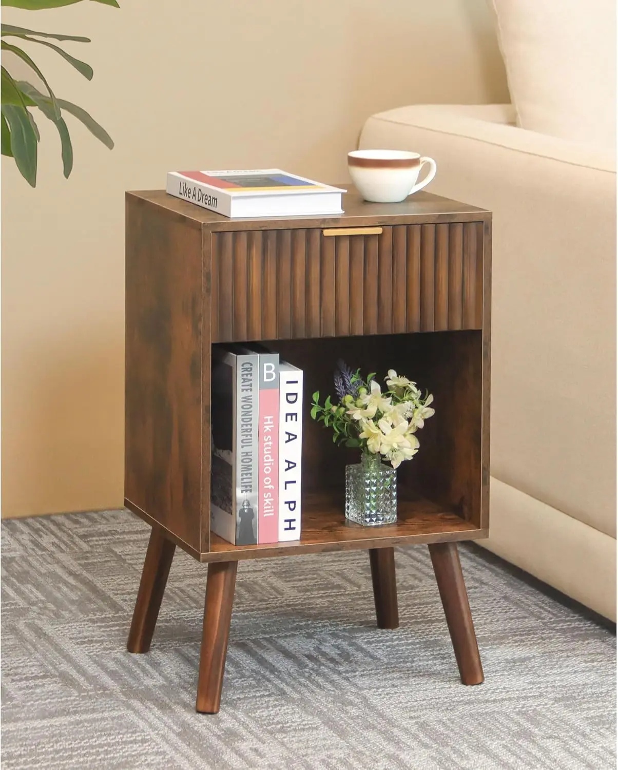 

Wood Bedside Table With Drawer And Opening Storage, End Table Living Room Fluted Night Stand With