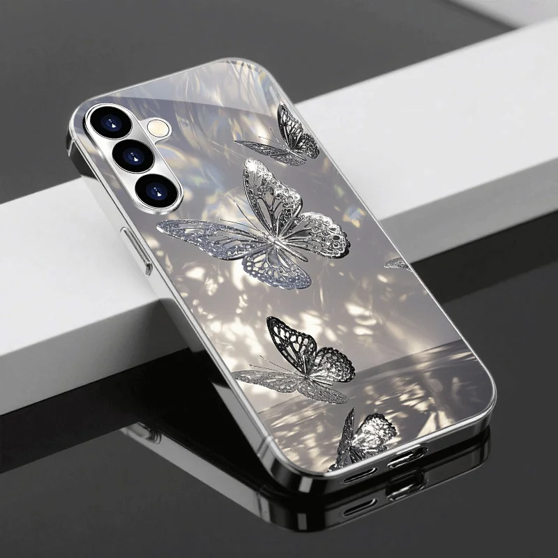 Silver butterfly iridescent electroplated silver Phone Case for Samsung GalaxyS26 S25 S24 S23 S22 S20FE/Ultra/Plus anti Cover