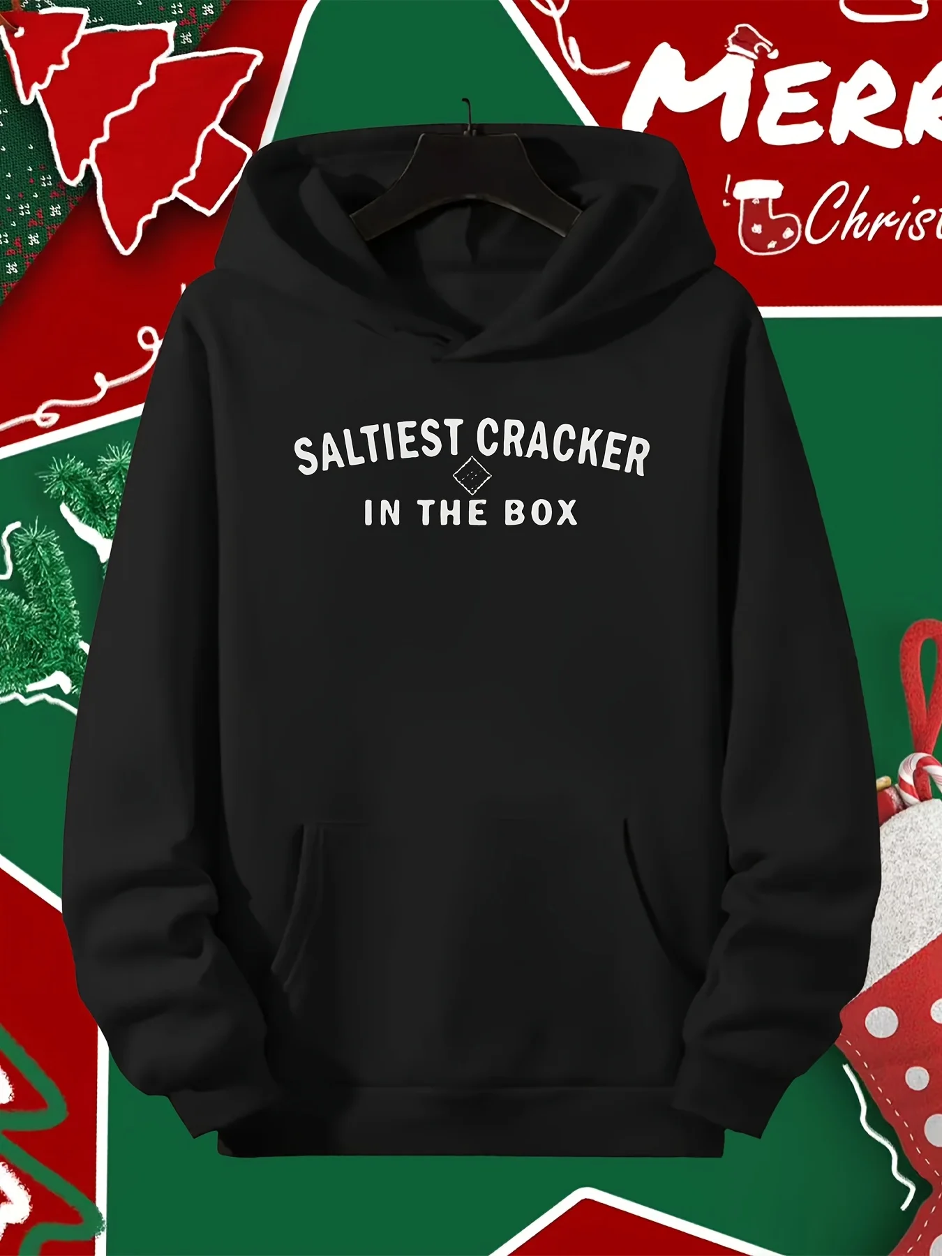 Hoodie with fun salty cracker print, casual pullover, machine washable, suitable for all seasons, made of soft fabric