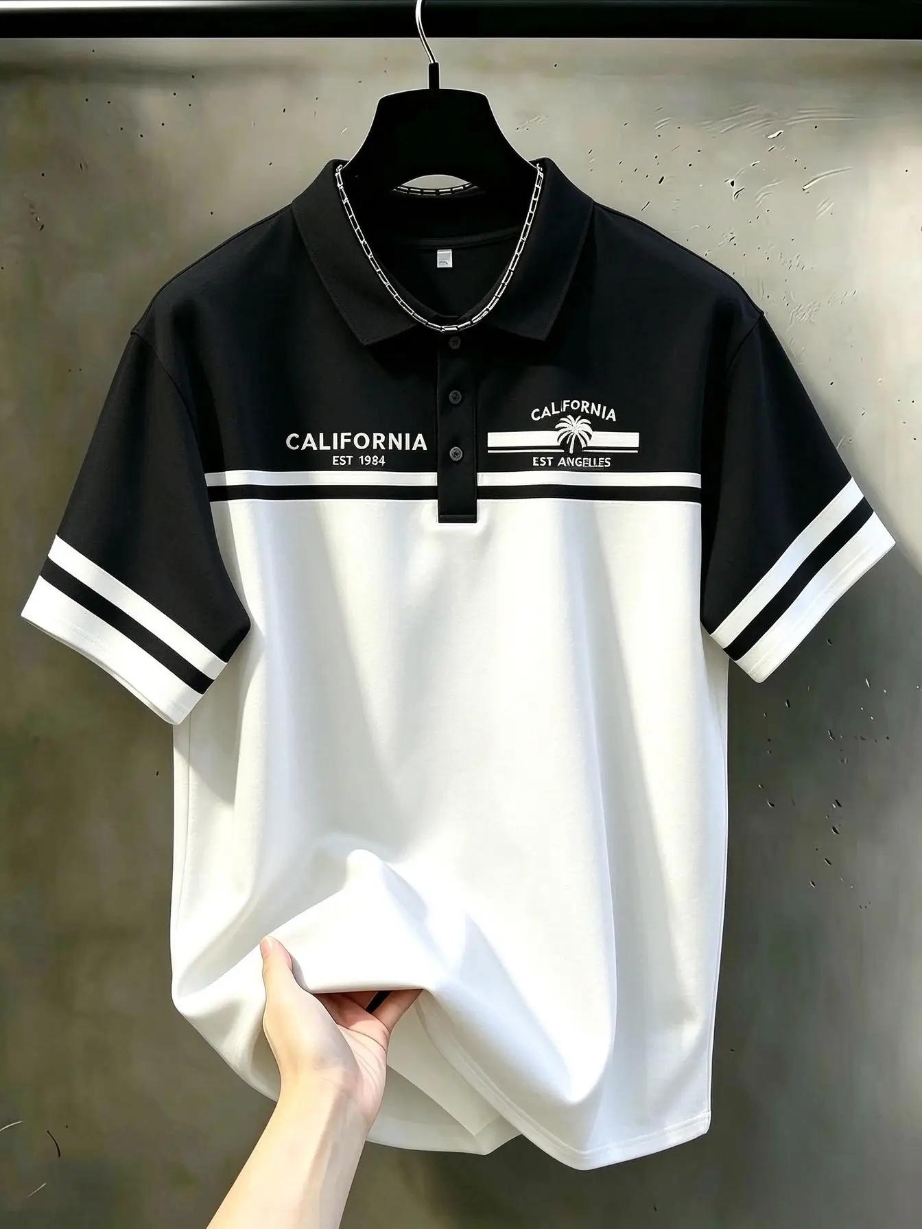 American man's 1984 summer California Saint Angel striped print soft breathable polo short sleeved T-shirt outdoor casual top