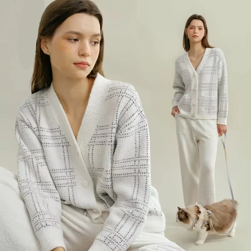 

Новый женский комплект для сна из 2 предметов: теплая повседневная пижама на осень-зиму, мягкий женский комплект для дома с полосатым кардиганом и брюками
