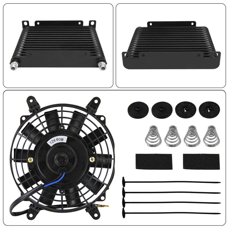 

Universal 32mm 15 Row AN8 3/4"-16 UNF Aluminum Engine Transmission 226MM Oil Cooler Black + 7" Electric Fan