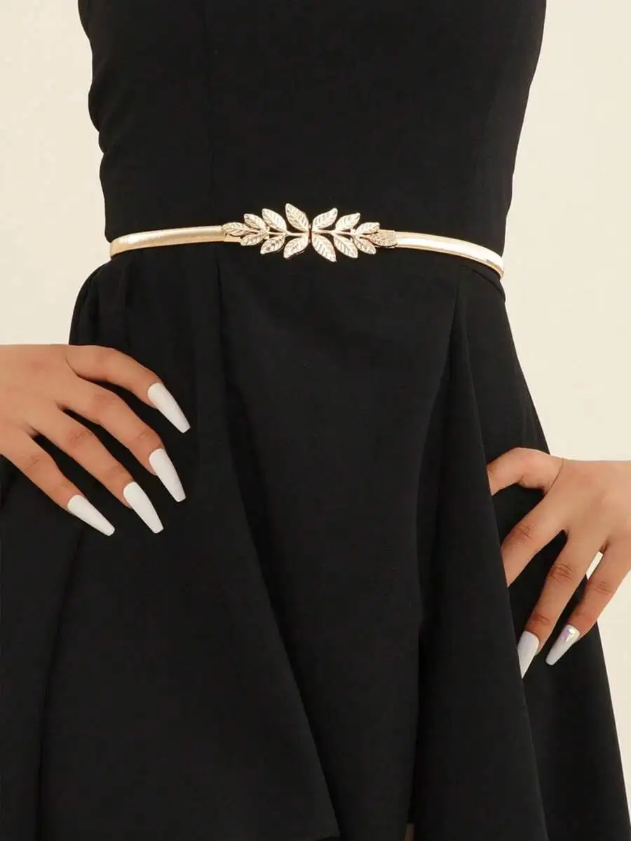 Ellevyn 1pc Women Silver Leaf Decor Elastic Waist Chain Belt, Elegant Versatile Accessory To Match Dresses, Skirts, Jackets For view 3