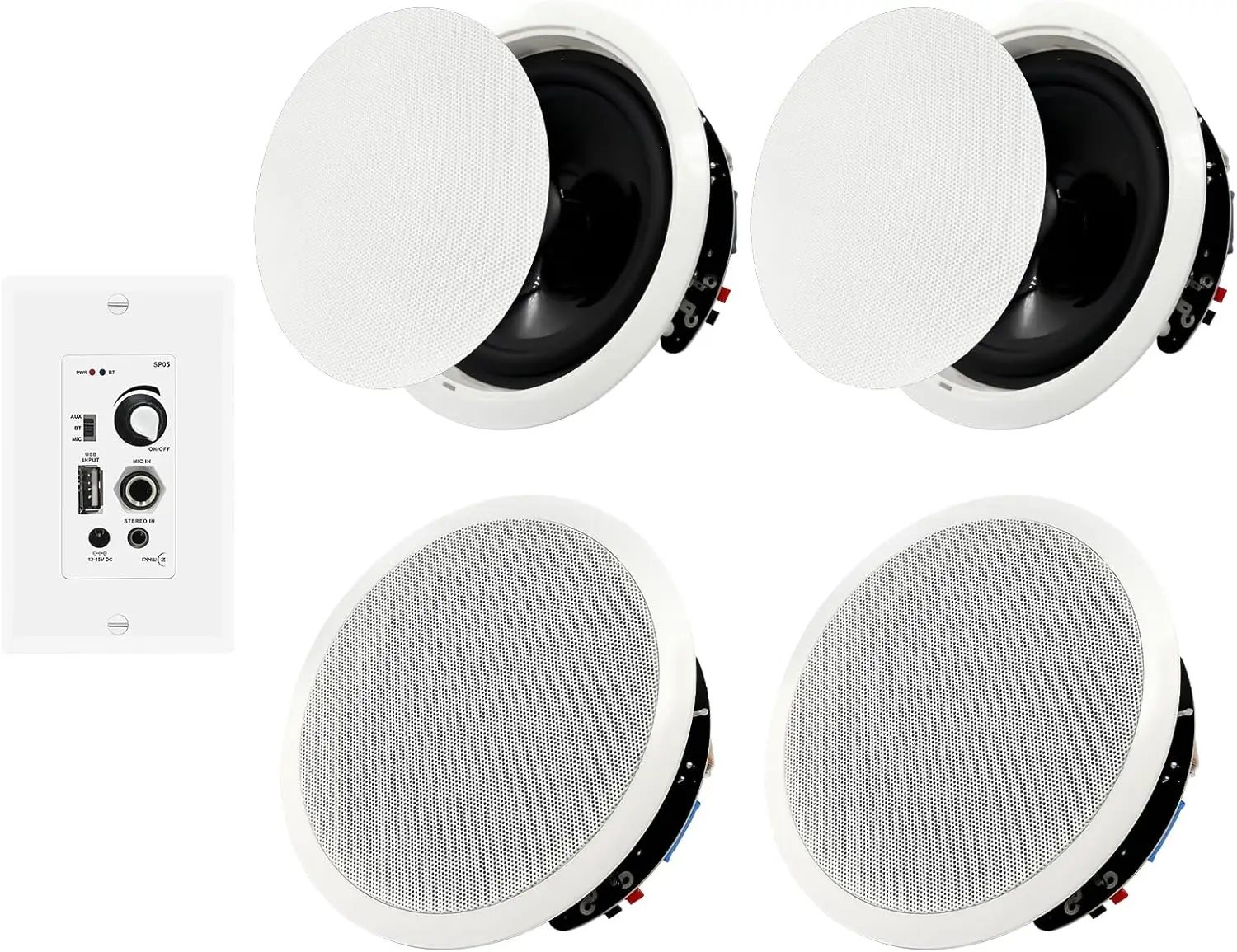 

6.5" Bluetooth Ceiling Speakers with Wall Amplifier 600W for Home Theater, Office, Bathroom, Living Room, Kitchen (2 Pairs)