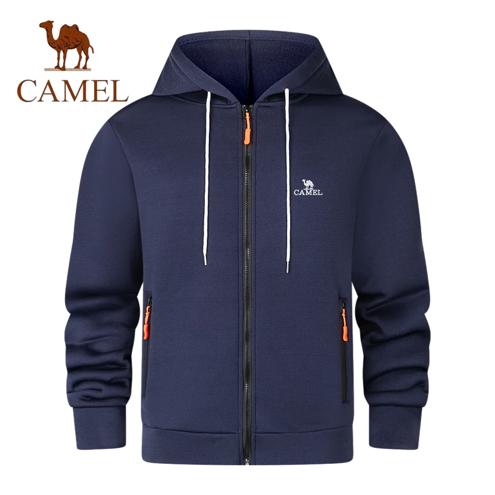 Embroidered CAMEL wool warm hoodie, suitable for autumn and winter men's sportswear, zippered cardigans, windproof jackets