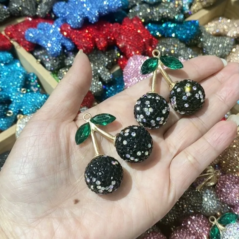 Fancy Beads Hand Made2pcs Ins Handmade Cherry Boutique Diamond Ball Beads Alloy Rhinestone Clay Beads Mobile Phone Chain DIY Loo