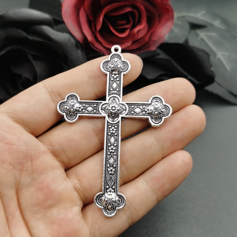 5pcs Silver Color Black 80x54mm Flower Cross Charms Jesus Faith Pendant Jewelry Making DIY Handmade Craft Accessories Wholesale