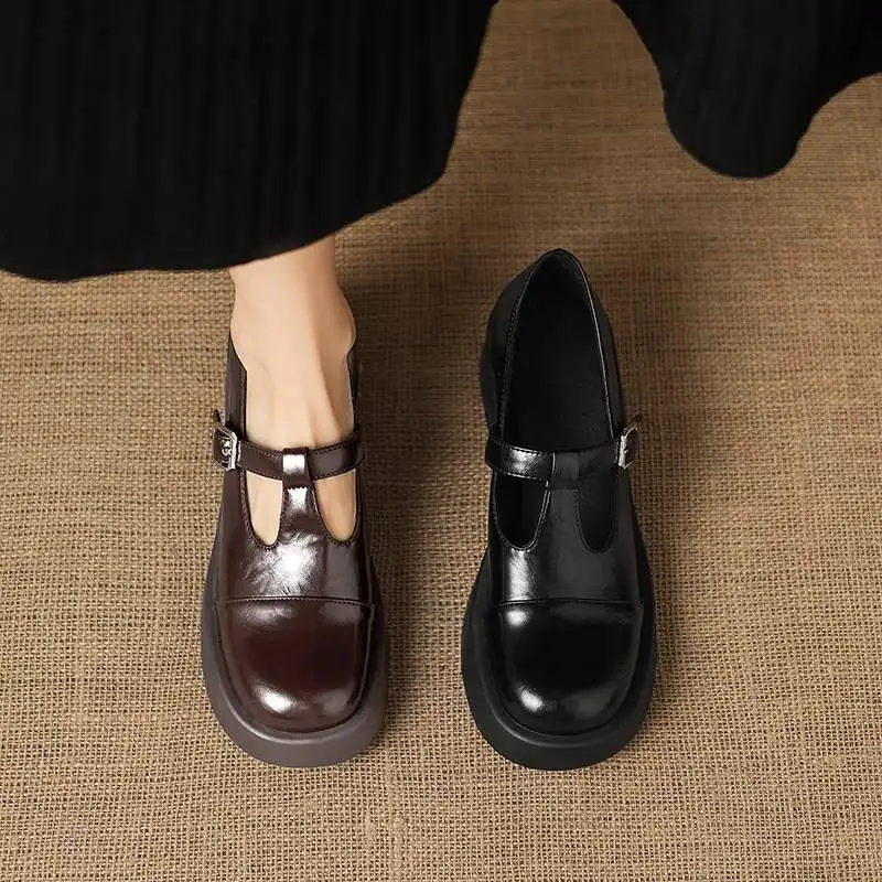 Krazing Pot Microfiber Round Toe Thick Heels Spring Autumn Plus Size 43 Vintage Design Metal Buckle Preppy Style Oxford Shoes