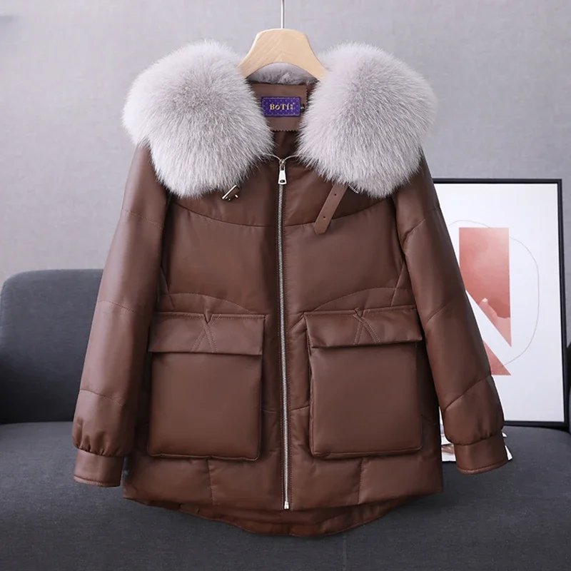 Tajiyane Real Sheepskin Leather Jacket Women Genuine Fox Fur Collar Luxury Winter 90% White Goose Down Coats Outwears Ropa Mujer