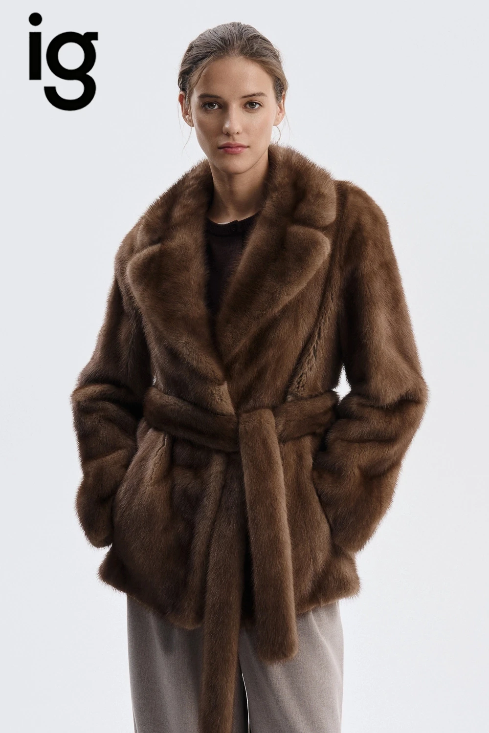 IG 2026 Women Notched Lapel Belted Waist Faux Mink Fur Jacket Loose Long Sleeve Luxury Elegant Winter Daily Party Outerwear