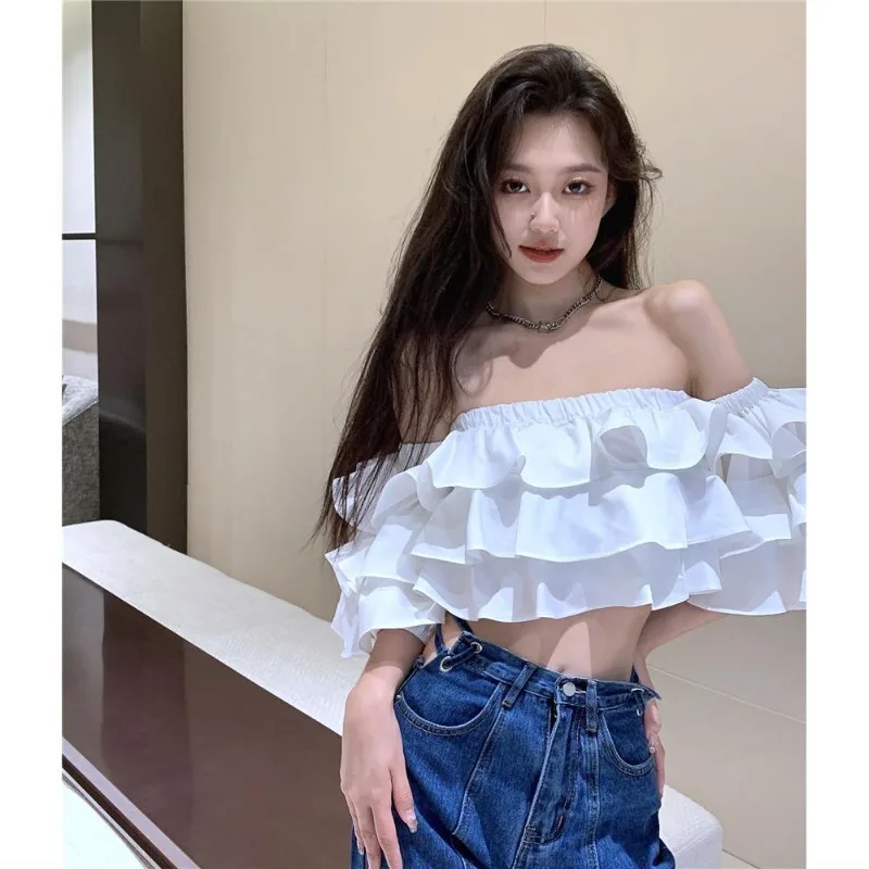 Summer Tops Pure Desire Wind One-shoulder Loose and Tight Off-the-shoulder Short-sleeved Shirt with Multiple Ruffles for Women