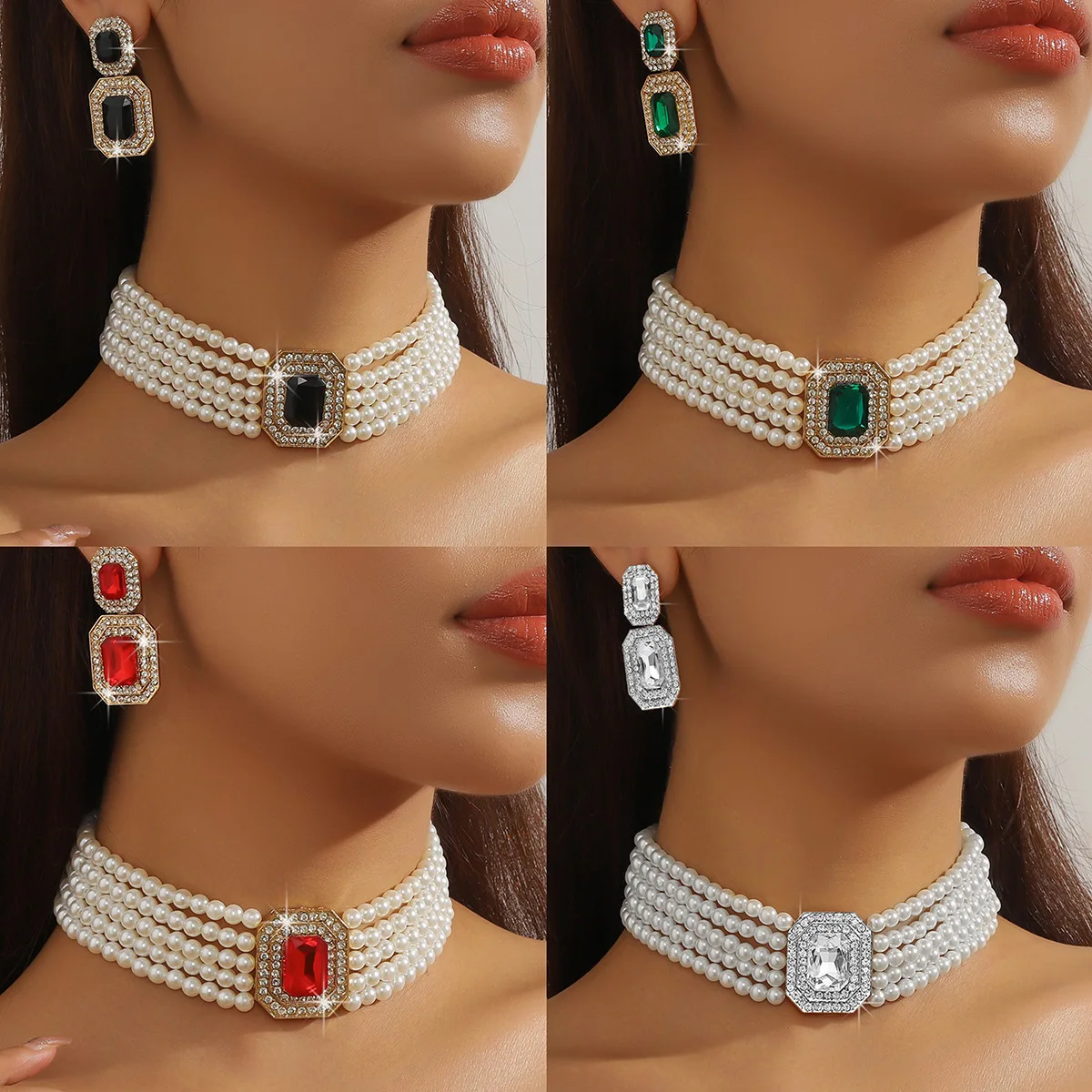 Rectangular Gemstone Earrings Pearl Necklace Set for Women Vintage Multi-layered Pearl Necklace Drop Earrings