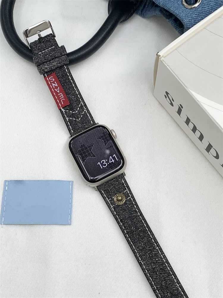 Korea Pink Denim Canvas Leather Watch Band For iWatch Series 8 7 6 5 4 3 SE Girl Casual Strap For Apple Watch 41mm 40mm 44 45 49