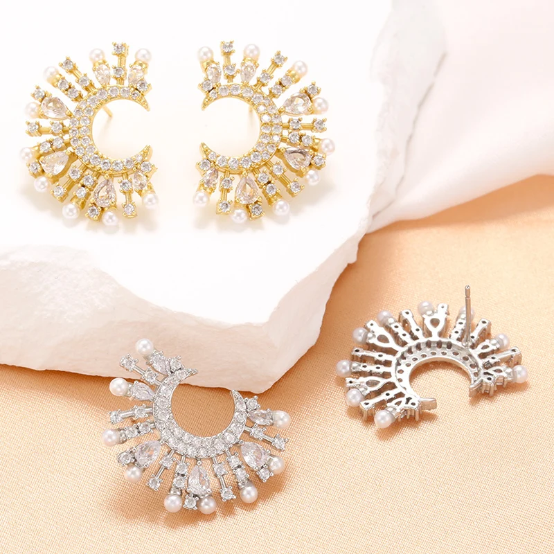 ZHUKOU pearl moon stud earrings korean Cubic zirconia lady piercing earring elegant dinner party fashion jewelry Wholesale VE811