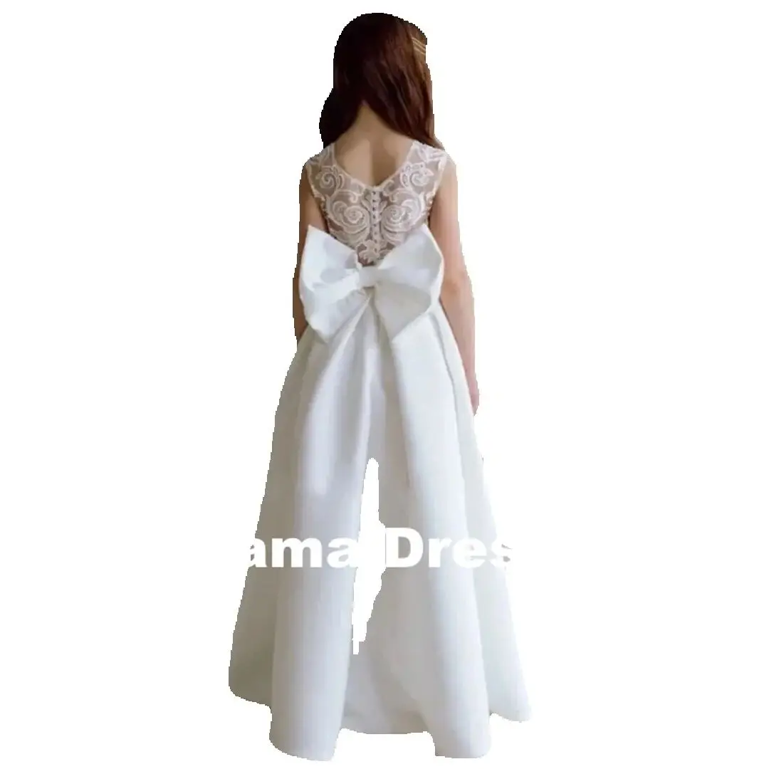 Personalización de vestidos de niña de flores, apliques de flor de satén blanco con lazo sin mangas para boda, fiesta de cumpleaños, banquete, comuni