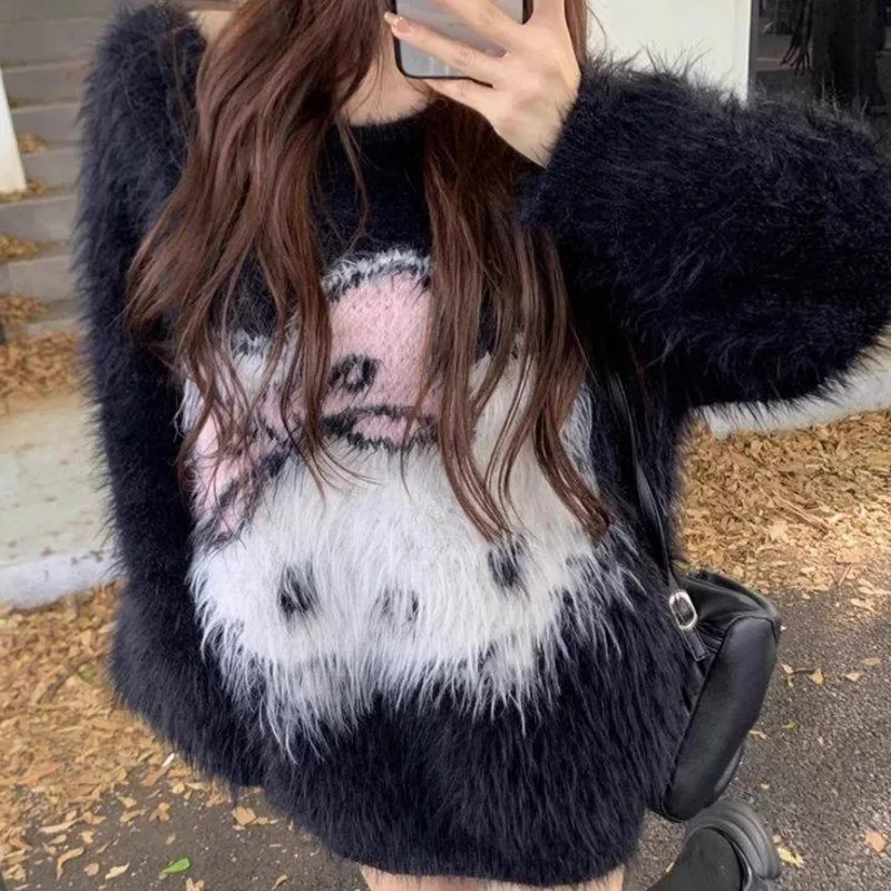 New Cute Hello Kitty Knitted Pink Pullovers Women's Autumn and Winter Sweet Loose Sweaters Jacquard Imitation Mink Soft Tops