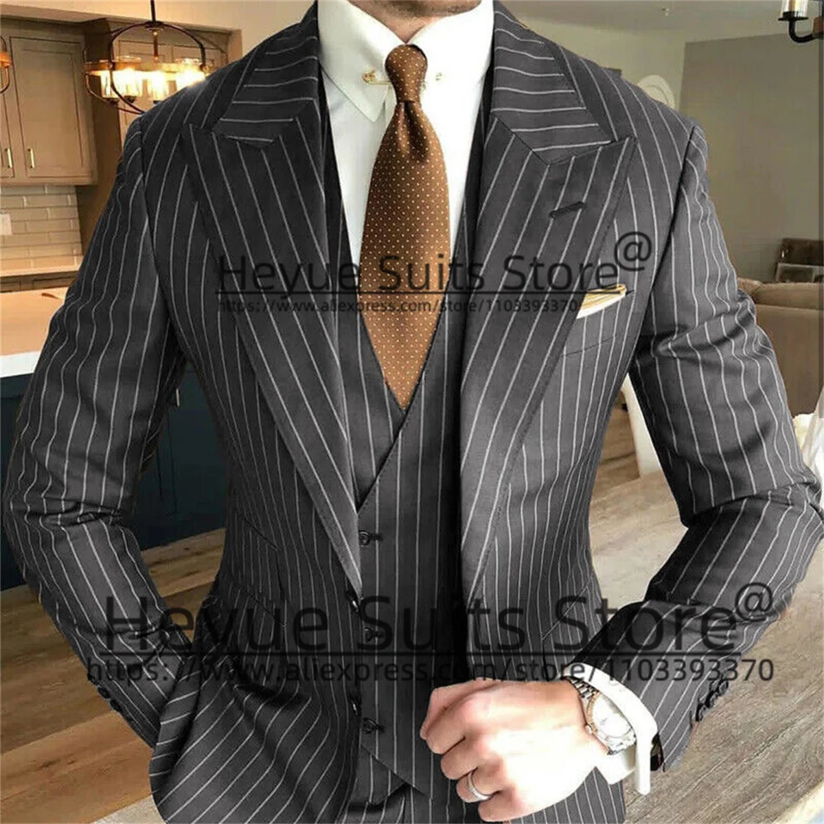 Black Business Stripe Formal Suits For Men Slim Fit Peak Lapel Groom Wedding Tuxedos 3 Pieces Sets Trajes Elegante Para Hombres