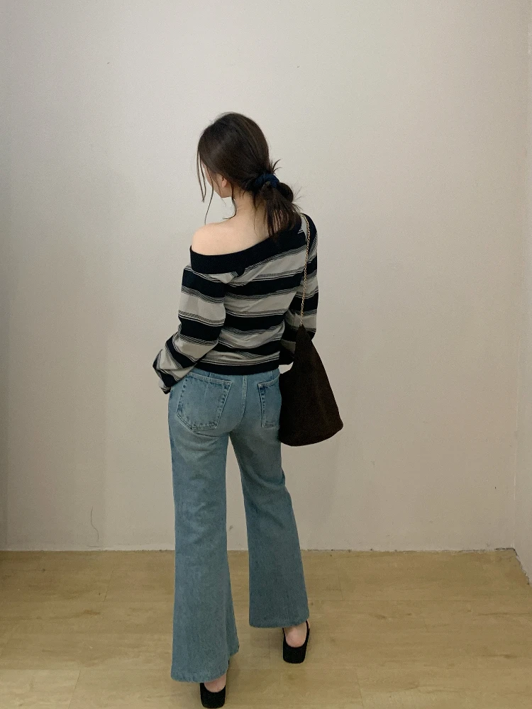 

Классические ретро-джинсы светло-голубого цвета с высокой талией, расклешенные, с эффектом потертости, облегающие, длинные брюки для молодых женщин