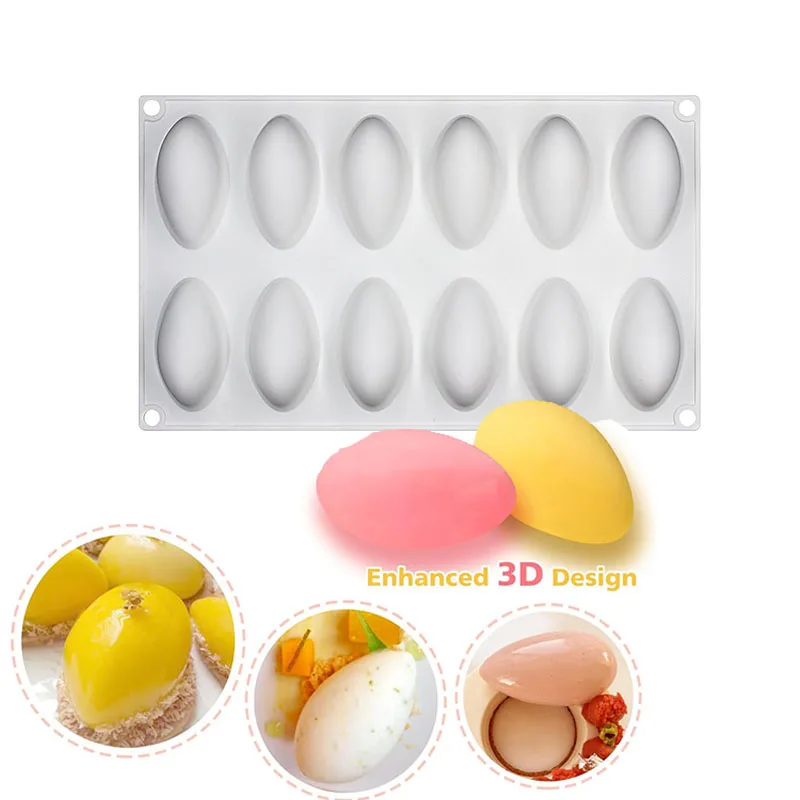 12 Cavity Quenelle Dessert Silicone Mold Oval Mousse Cake Chocolate Pudding Jelly Cheesecake Wax Melt Kitchen Baking Accessories