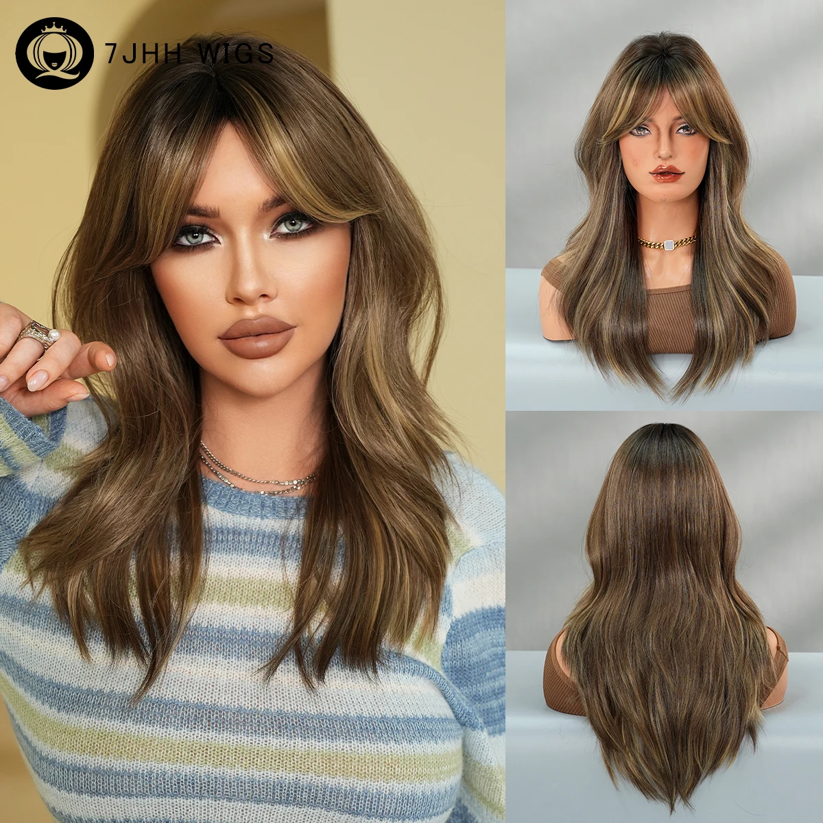 Long Straight Honey Brown Wig for Women Daily Use High Density Synthetic Middle Part Wigs with Curtain Bangs Beginner Friendly