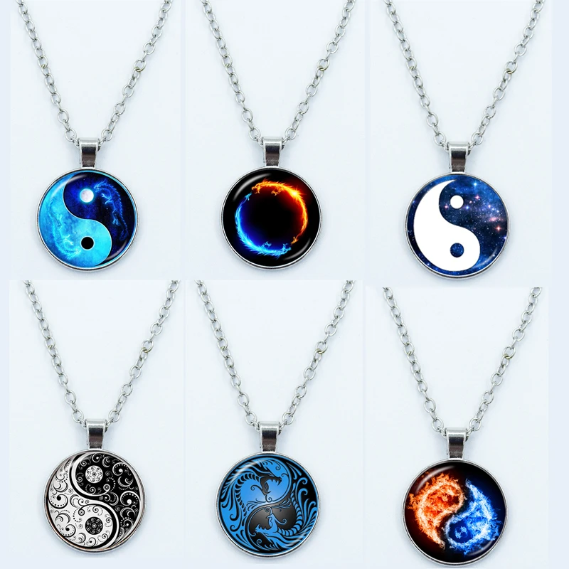 Yin Yang Tai Chi Necklace for Women Jewelry Moon Dragon Cabochon Glass Pendant Fashion Statement Crystal Necklace Gift