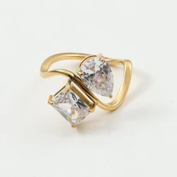 PVD Gold Color Stainless Steel Engagement Ring for Women Square Heart Zirconia Stone Wedding Ring