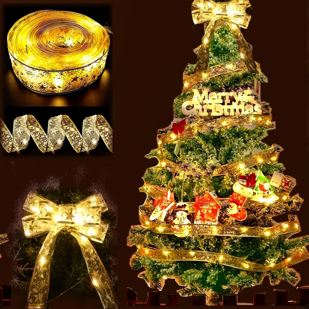 Christmas Tree Accessories Decoration String Lights Battery Operated Christmas Ribbon with Lights for Christmas New Year Indoor