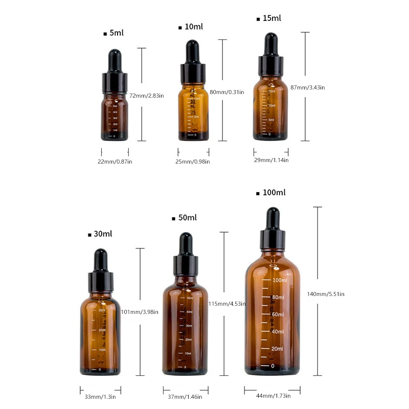 5ml-100ml Dropper Bottles With Scale Reagent Eye Drop Amber Glass Aromatherapy Liquid Pipette Bottle Refillable Bottles Travel