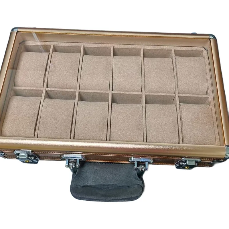 12 Slots Aluminum Jewelry Storage Box with Window, Clear Top Light Luxury Watch Case Organizer for Watches Briefcase