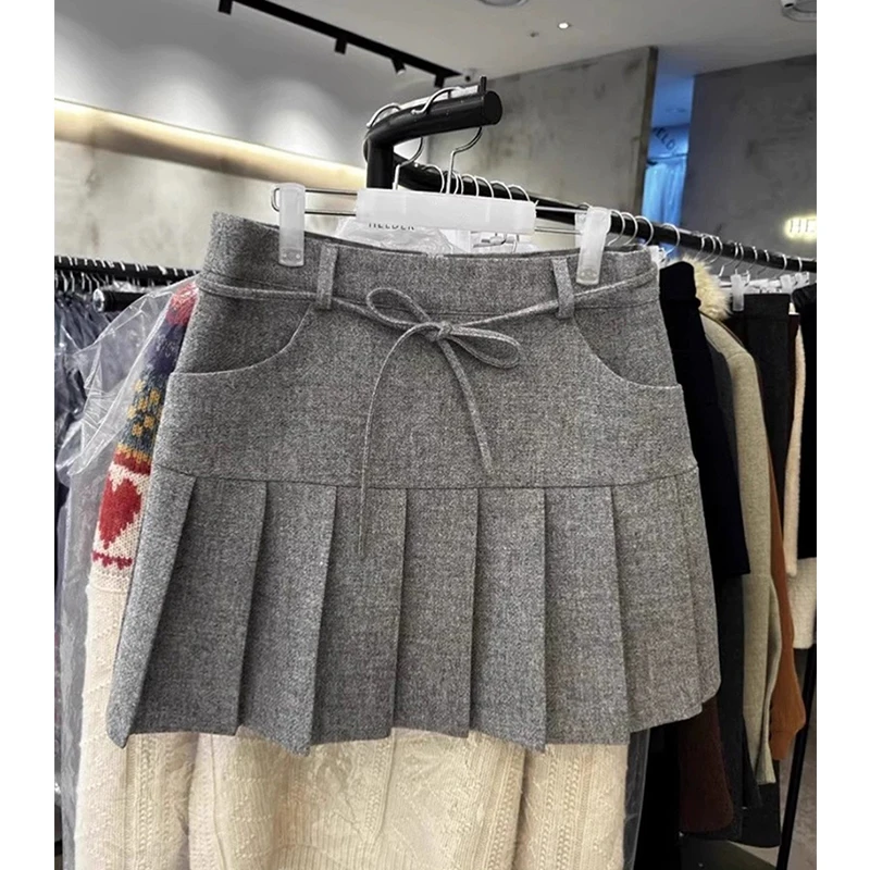 

MEXZT Streetwear Woolen Mini Skirt Women Harajuku Bow Lace Up Black Pleated Skirts Autumn Winter Fashion Korean Preppy Faldas