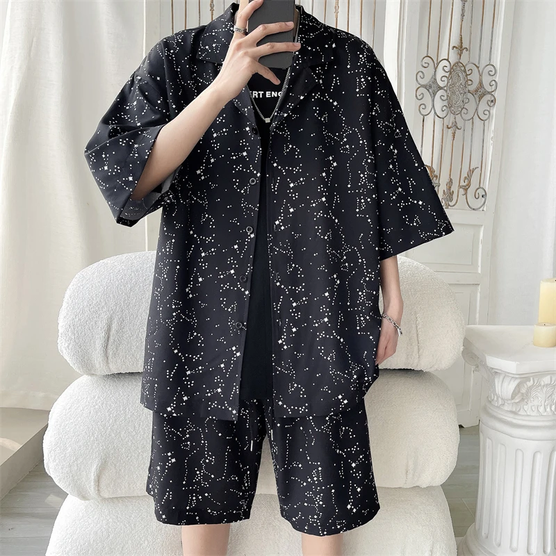 

Summer Men Short Set 2 piece Clothes Shirt and Shorts Starry Sky Dots Printing Suit Collar Oversized Streetwear Casual Outfits