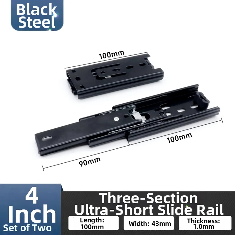 Silent Ball Bearing 3 Section Drawer Slides for Cabinets and Keyboard Trays 4 inch 6 inch 8 inch 14 inch Black