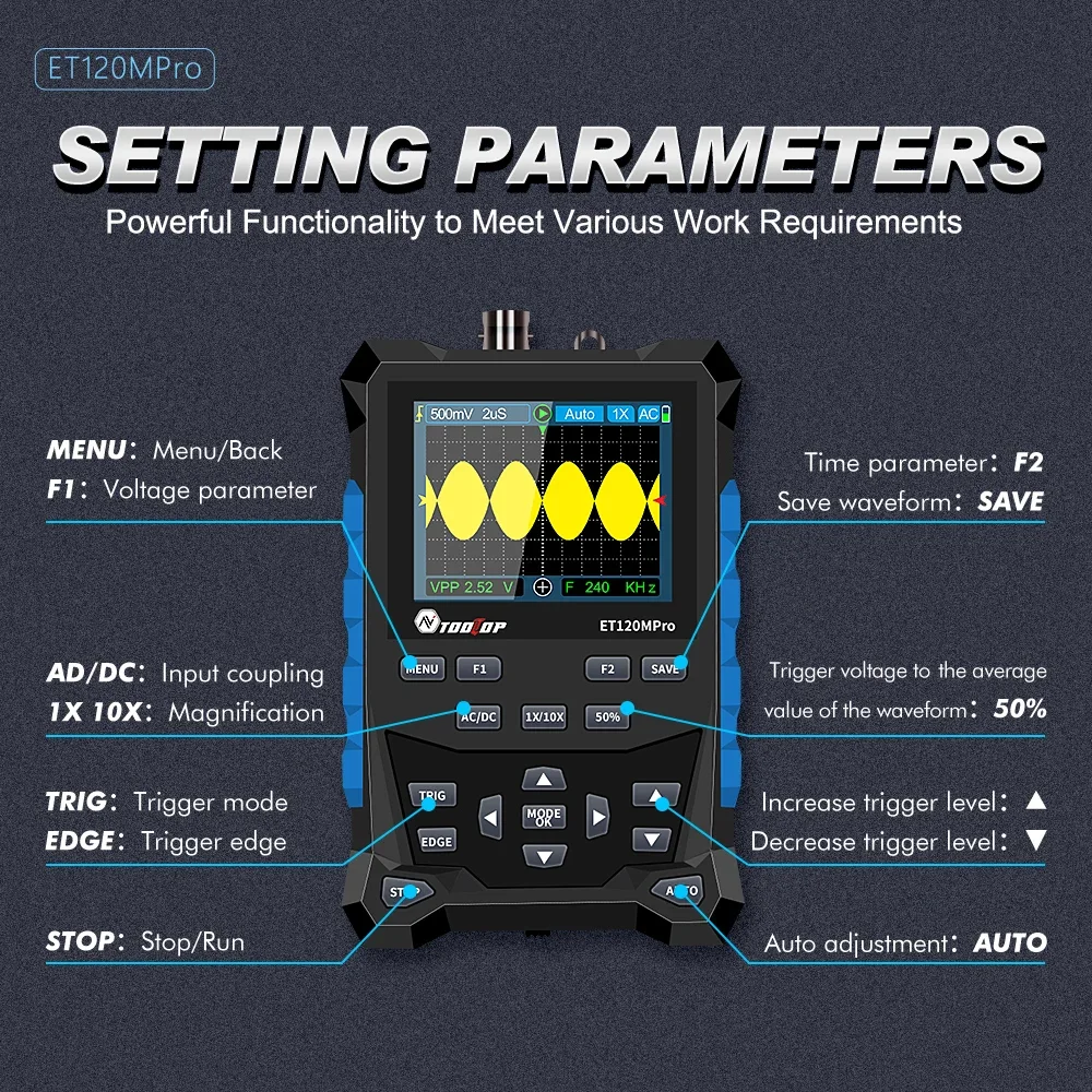 TOOLTOP ET120MPro Przenośny oscyloskop 120 MHz 500 MS/s Szybka częstotliwość próbkowania Źródła sygnału Automatyczny mini oscyloskop 2 w 1